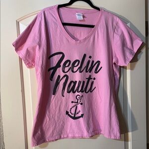 Port and Company Pink V neck T shirt with Nautical Graphic Feelin Nauti XXL